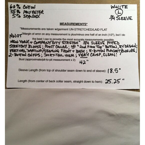 NEW YORK & COMPANY “City Stretch” Fitted STRETCH Blouse, WHITE, NWOT, Size Large - Picture 8 of 8